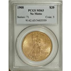 1908 $20 No Motto MS63 PCGS