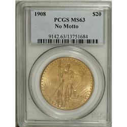 1908 $20 No Motto MS63 PCGS