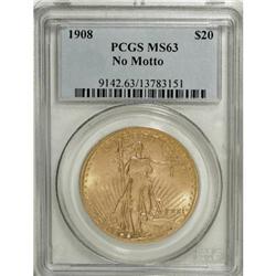 1908 $20 No Motto MS63 PCGS