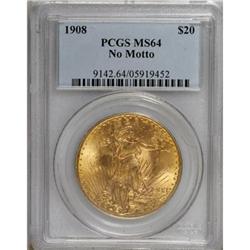 1908 $20 No Motto MS64 PCGS