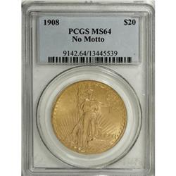 1908 $20 No Motto MS64 PCGS