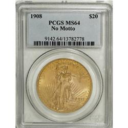 1908 $20 No Motto MS64 PCGS