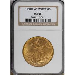 1908-D $20 No Motto MS63 NGC