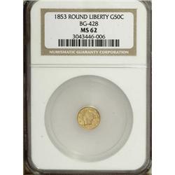 1853 50C Liberty Round 50 Cents, BG-428, R.3, MS62 NGC