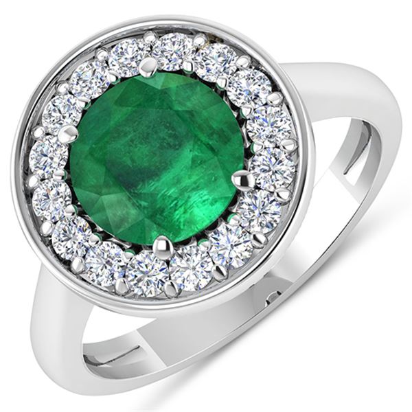 Natural 2.38 CTW Zambian Emerald & Diamond Ring 14K White Gold - REF-108N7R