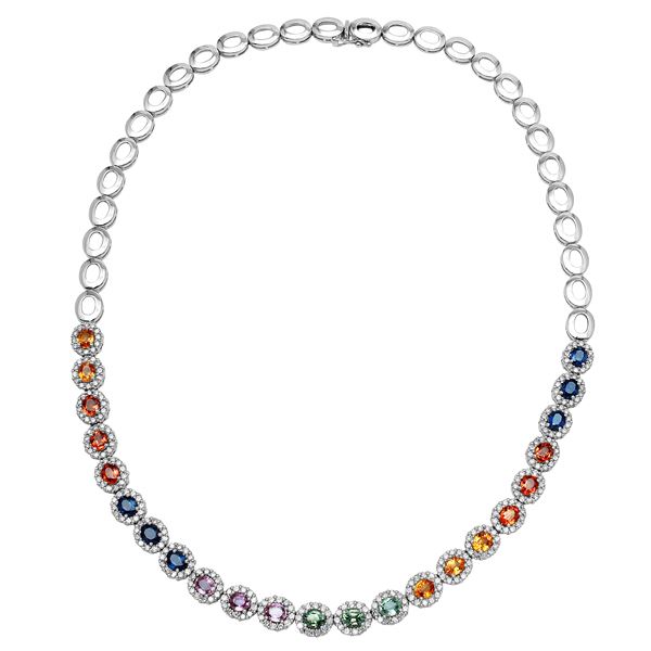 Natural 15.32 CTW Multi-Sapphire & Diamond Necklace 14K White Gold - REF-523H8W