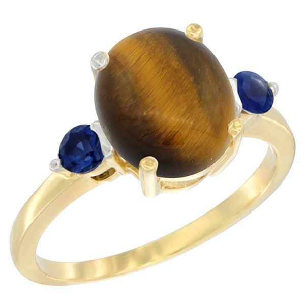 2.54 CTW Tiger Eye & Blue Sapphire Ring 14K Yellow Gold - REF-30A3X