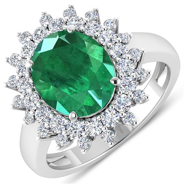 Natural 3.93 CTW Zambian Emerald & Diamond Ring 14K White Gold - REF-169H5T