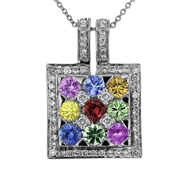 Natural 2.92 CTW Multi-Sapphire & Diamond Necklace 18K White Gold - REF-101H7W