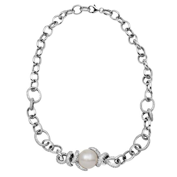 Natural 22.69 CTW Pearl & Diamond Necklace 18K White Gold - REF-589M5F