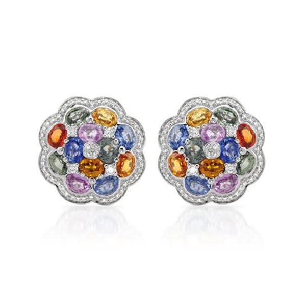 Natural 11.86 CTW Multi-Sapphire & Diamond Earrings W=8MM 14K Gold - REF-224N3Y