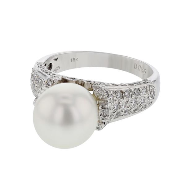 Natural 9.10 CTW Pearl & Diamond Ring 18K White Gold - REF-116N3Y