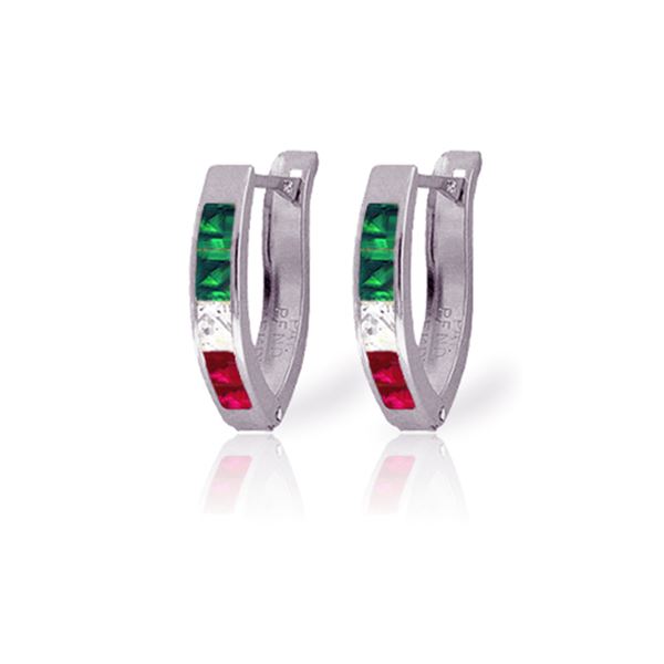 Genuine 1.28 ctw Emerald, White Topaz & Ruby Earrings 14KT White Gold - REF-26N7R