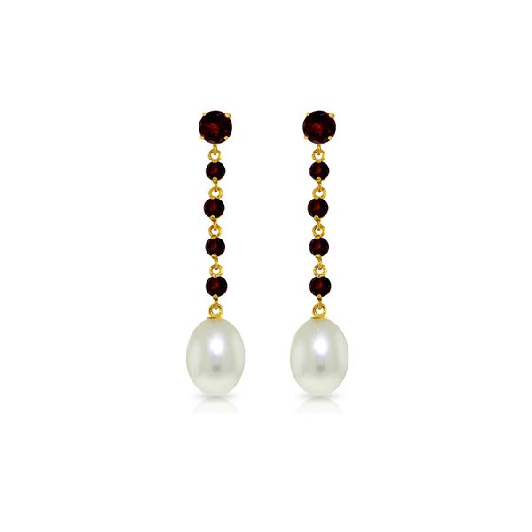 Genuine 10 ctw Garnet & Pearl Earrings 14KT Yellow Gold - REF-32A4K