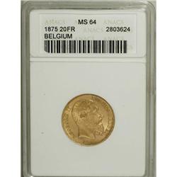 Belgium: Leopold II gold 20 Francs 1875-FR, KM37