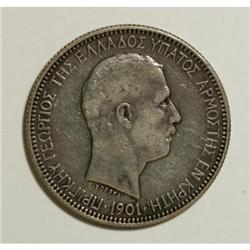 Crete George 5 Drachmai 1901, KM9, decent toned