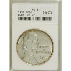 Cuba Republic silver Peso 1934, KM-22, MS61