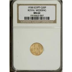 Egypt: Farouk gold 20 Piastres 1938, KM370, MS62