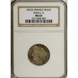 Republic silver 1 Franc 1872-A, KM-822.1, Small