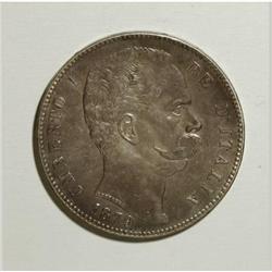 Italy Umberto I 5 Lire 1879, KM20, toned XF, few