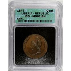 Liberia Republic Cent 1847, KM1, MS62 BN ICG,