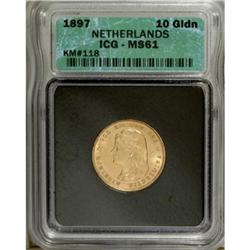 Netherlands Wilhelmina gold 10 Gulden 1897,