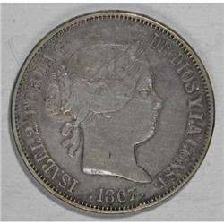 Spain Isabel II 2 Escudos 1867-M, KM629, VF,