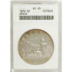 Spain Provisional 5 Pesetas 1870(70), KM655,