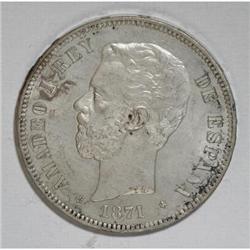 Spain Amadeo I 5 Pesetas 1871(71), KM666, nice