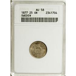 Sweden Oscar II 25 Ore 1877, AU58 ANACS, choice