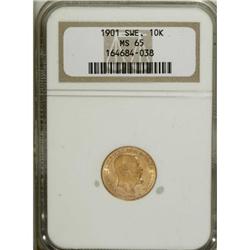 Oscar II gold 10 Kronor 1901, KM767 MS65 NGC.