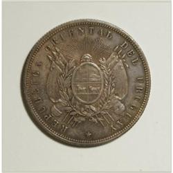 Uruguay Republic Peso 1877, KM17, nice toned AU,