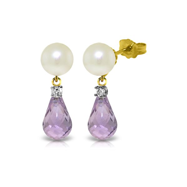 Genuine 6.6 ctw Pearl, Amethyst & Diamond Earrings 14KT Yellow Gold - REF-27K6V