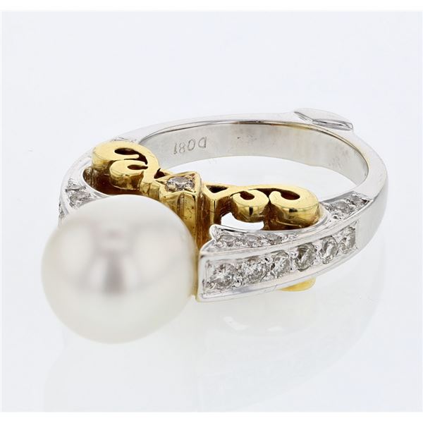 Natural 10.44 CTW Pearl & Diamond Ring 18K Two Tone Yellow Gold - REF-204T3X