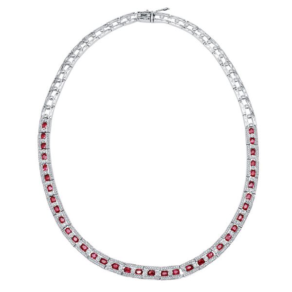 Natural 9.43 CTW Ruby & Diamond Necklace 14K White Gold - REF-461N7Y