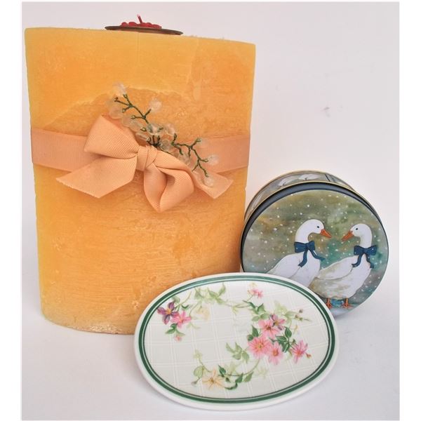 Large Candle, Tin, and Soap Dish