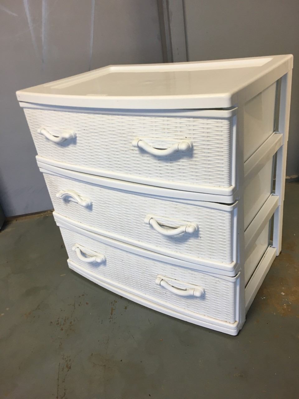 White Plastic Storage Unit with Three Drawers, 23.5 " high, 15" depth, 23.5" Wide