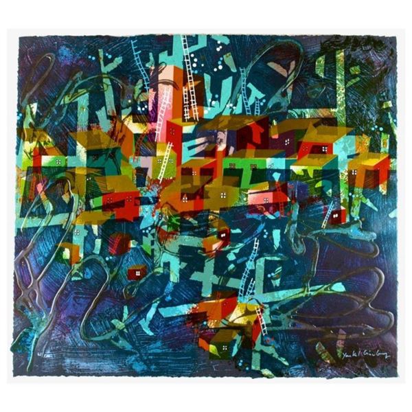 Yankel Ginzburg,  City In Blue  Hand Signed Limited Edition Serigraph with Letter of Authenticity.