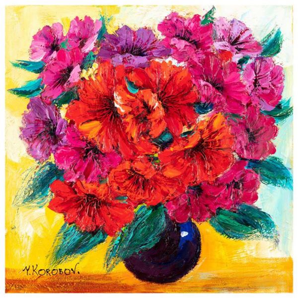 Yana Korobov,  Enchanted by Flowers  Original Acrylic Painting on Canvas, Hand Signed with Letter Au
