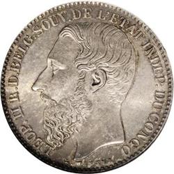 Belgian Congo Leopold II 2 Francs 1887, KM7,