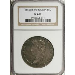 Bolivia Republic 8 Soles 1855-MJ, KM112.2, MS62