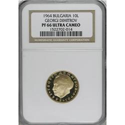Bulgaria Republic gold 10 Leva 1964, KM71, Proof