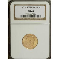 Canada George V gold Sovereign 1917C, KM20, MS63