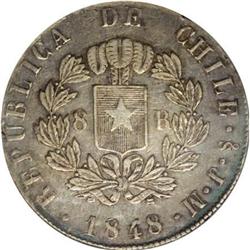 Chile Republic 8 Reales 1848-JM, KM96.2, AU50