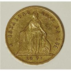 Chile Republic gold 10 Pesos 1859, KM131, nice