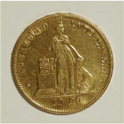 Chile Republic gold 10 Pesos 1872, KM145, nearly