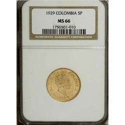 Colombia Republic gold 5 Pesos 1929, KM204, MS66
