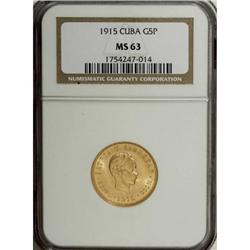 Cuba Republic gold 5 Pesos 1915, KM19, MS63 NGC,