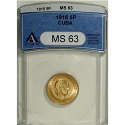 Cuba Republic gold 5 Pesos 1915, Km19, MS63