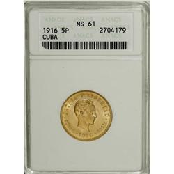 Cuba Republic gold 5 Pesos 1916, KM19, MS61